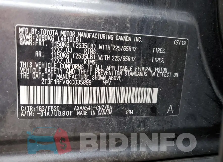 2T3F1RFVXKC035899 Photo# 12