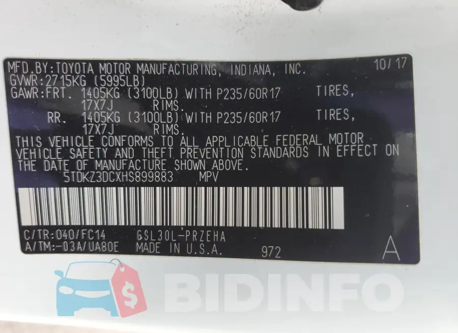 5TDKZ3DCXHS899883 Photo# 13