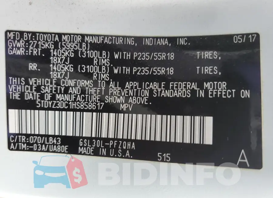 5TDYZ3DC1HS858617 Photo# 13