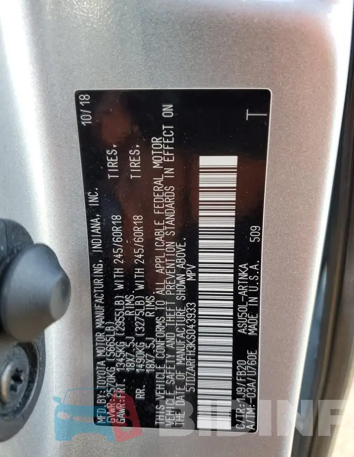 5TDZARFH3KS043933 Photo# 13
