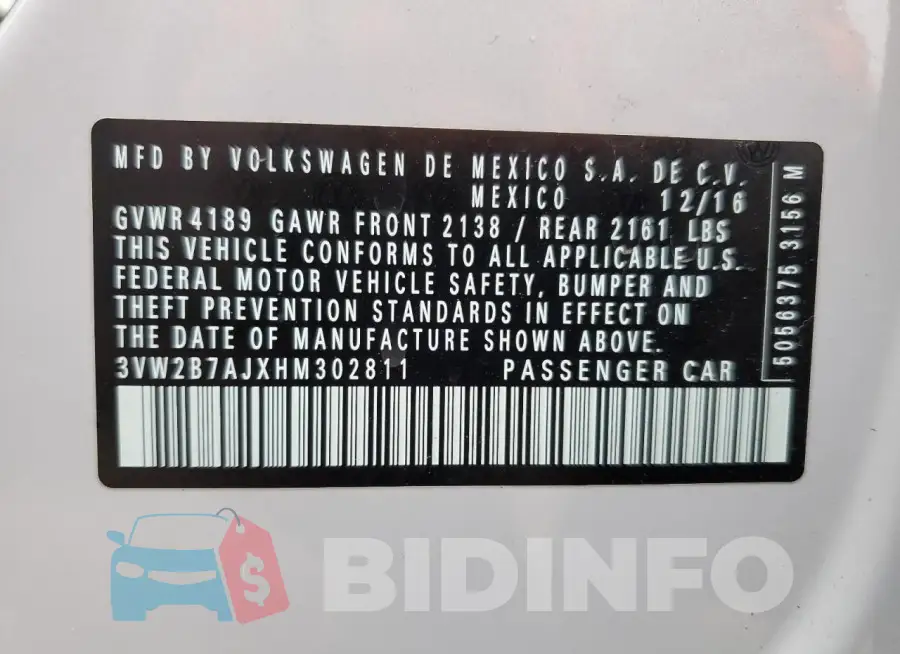 3VW2B7AJXHM302811 Photo# 13