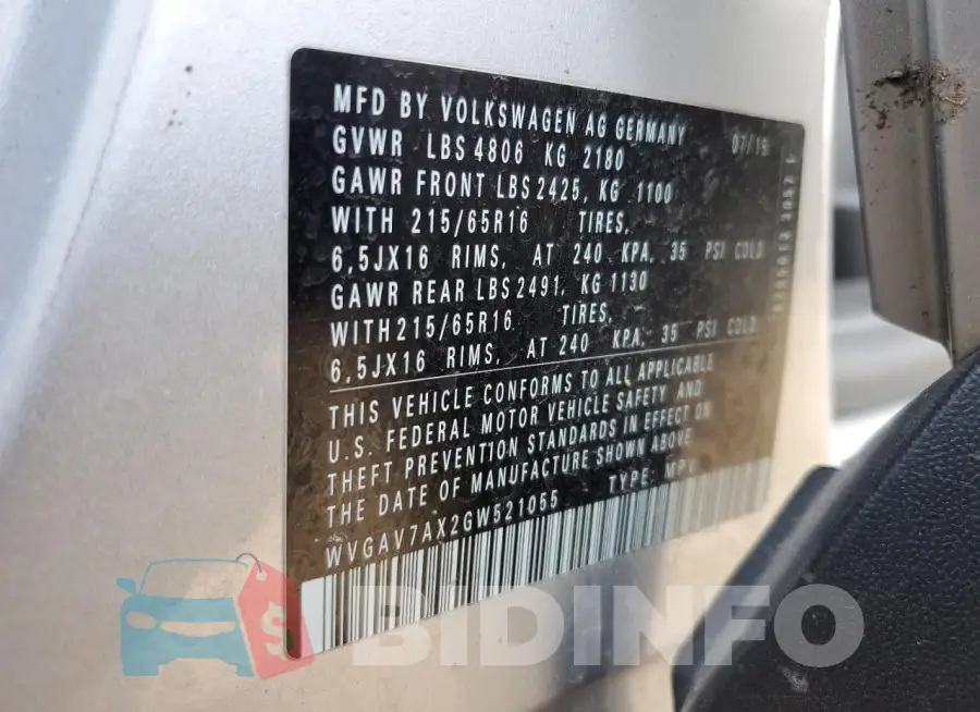 WVGAV7AX2GW521055 Photo# 12