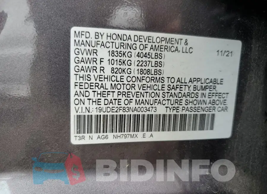 19UDE2F83NA003473 Photo# 12