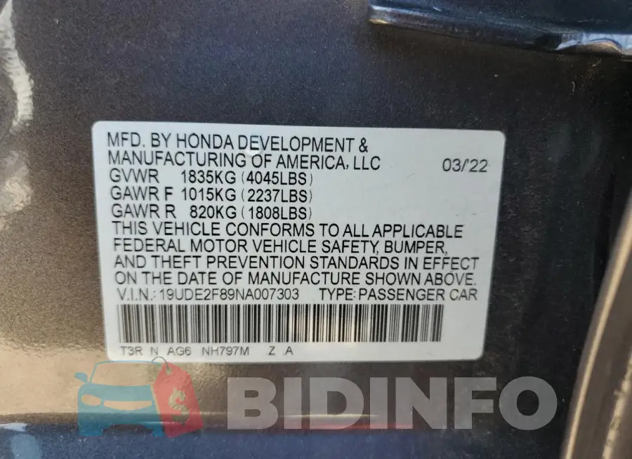 19UDE2F89NA007303 Photo# 12