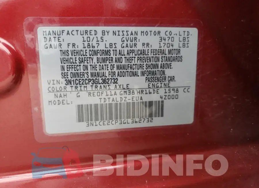 3N1CE2CP3GL362732 Photo# 12