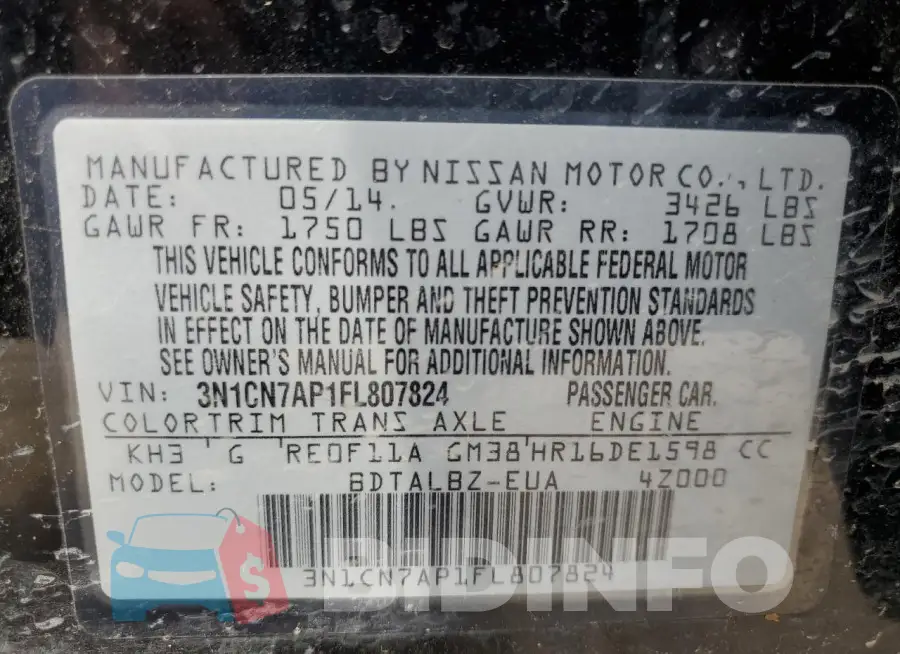 3N1CN7AP1FL807824 Photo# 12