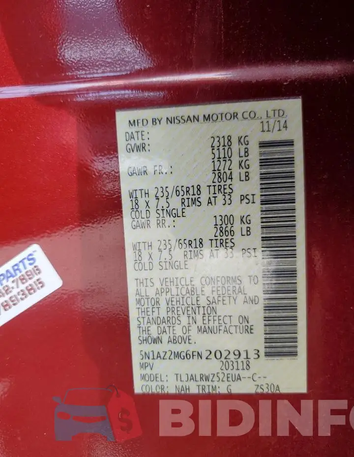 5N1AZ2MG6FN202913 Photo# 13