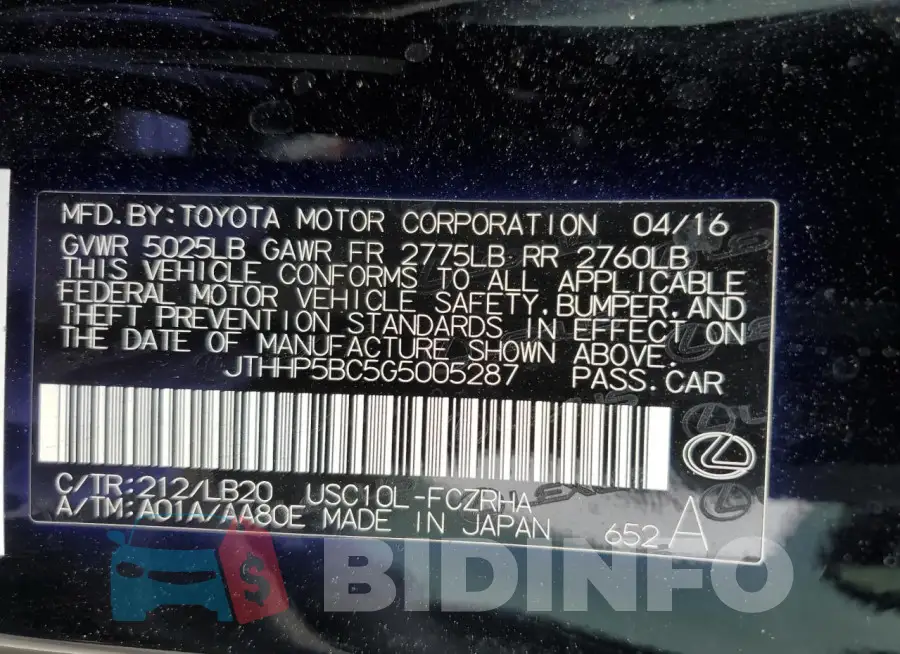 JTHHP5BC5G5005287 Photo# 12