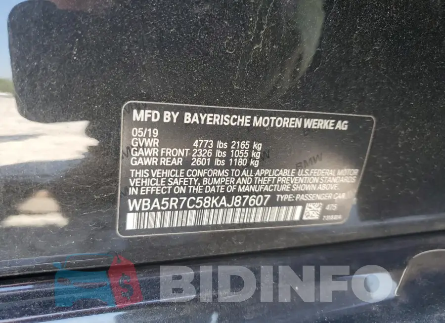 WBA5R7C58KAJ87607 Photo# 12