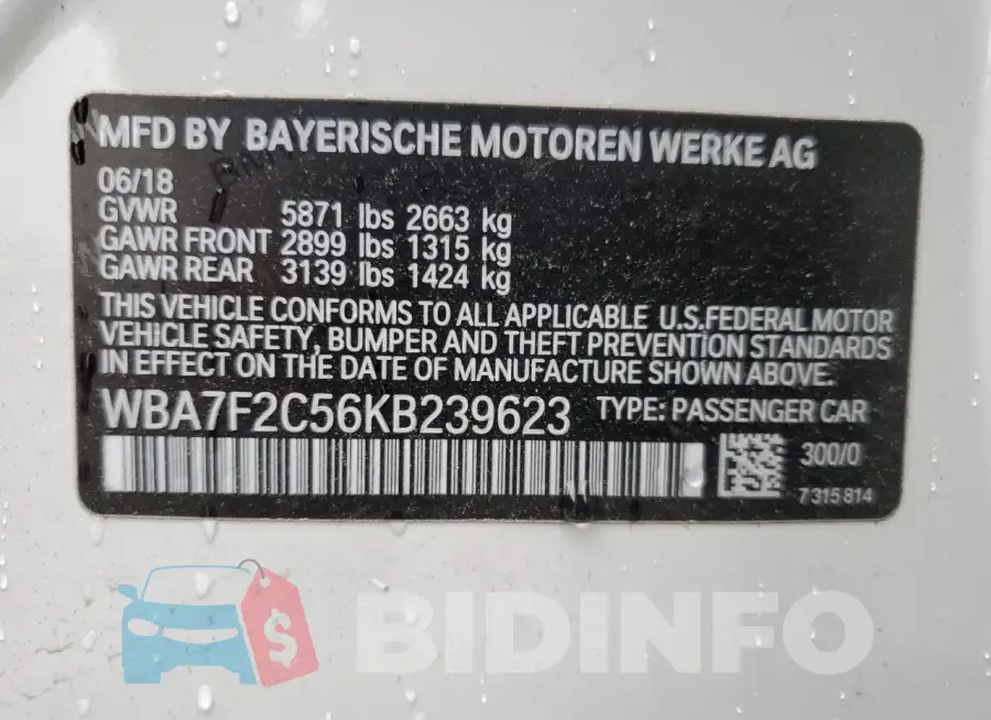 WBA7F2C56KB239623 Photo# 12