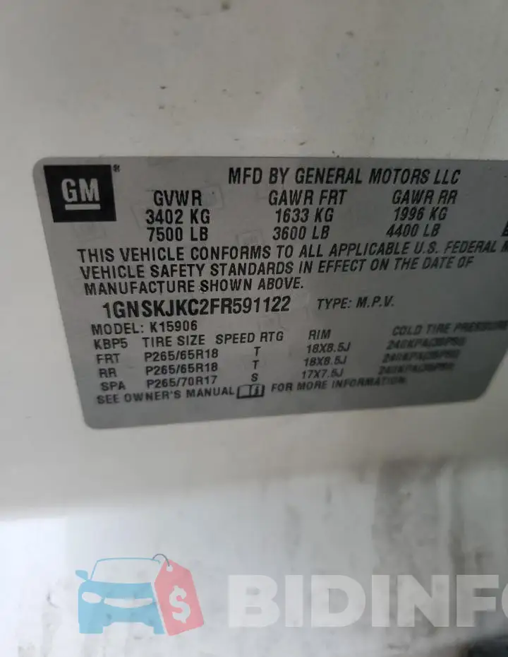 1GNSKJKC2FR591122 Photo# 13