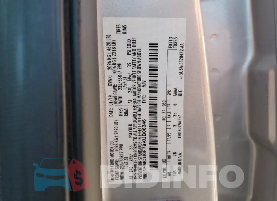 1FMCU0F79KUB06346 Photo# 13