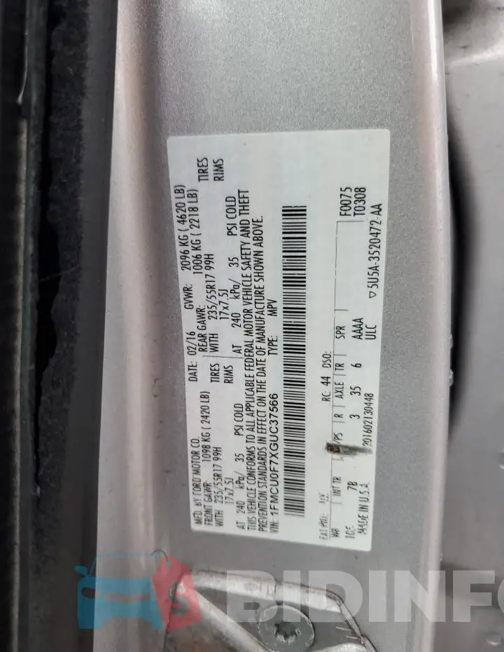 1FMCU0F7XGUC37566 Photo# 12
