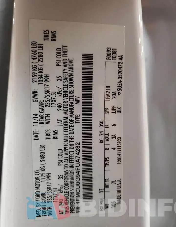 1FMCU0G94FUA74282 Photo# 13