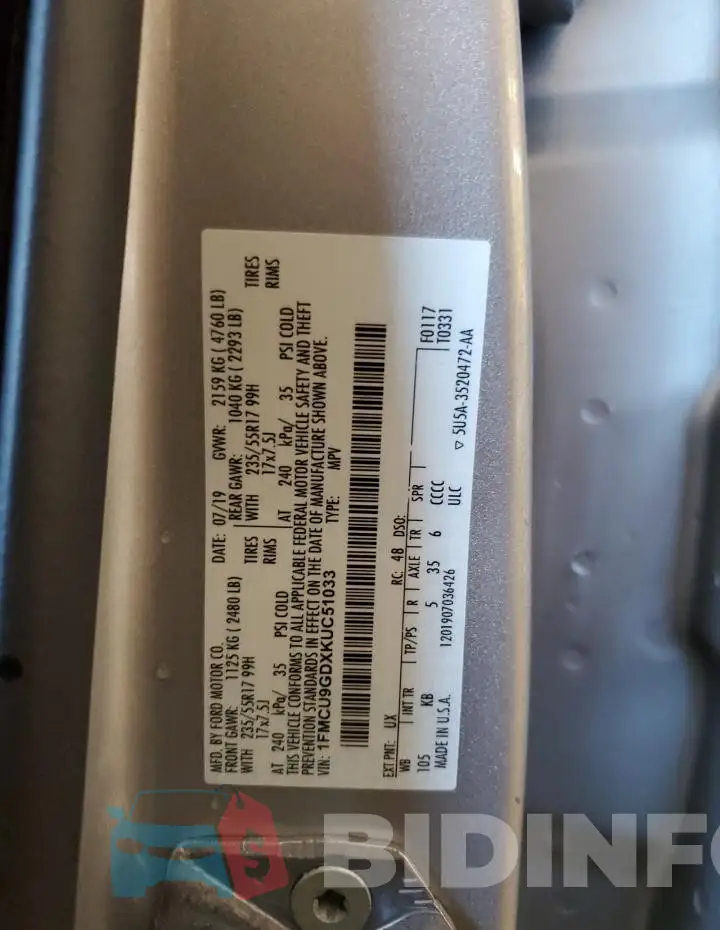 1FMCU9GDXKUC51033 Photo# 14