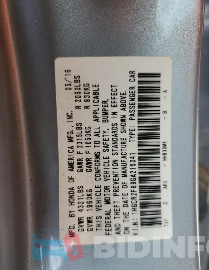 1HGCR2F89GA219041 Photo# 12