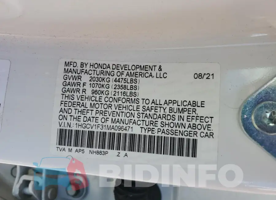 1HGCV1F31MA096471 Photo# 12