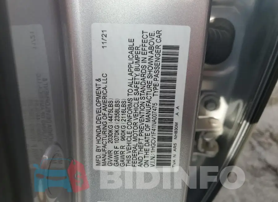 1HGCV1F41NA007475 Photo# 12