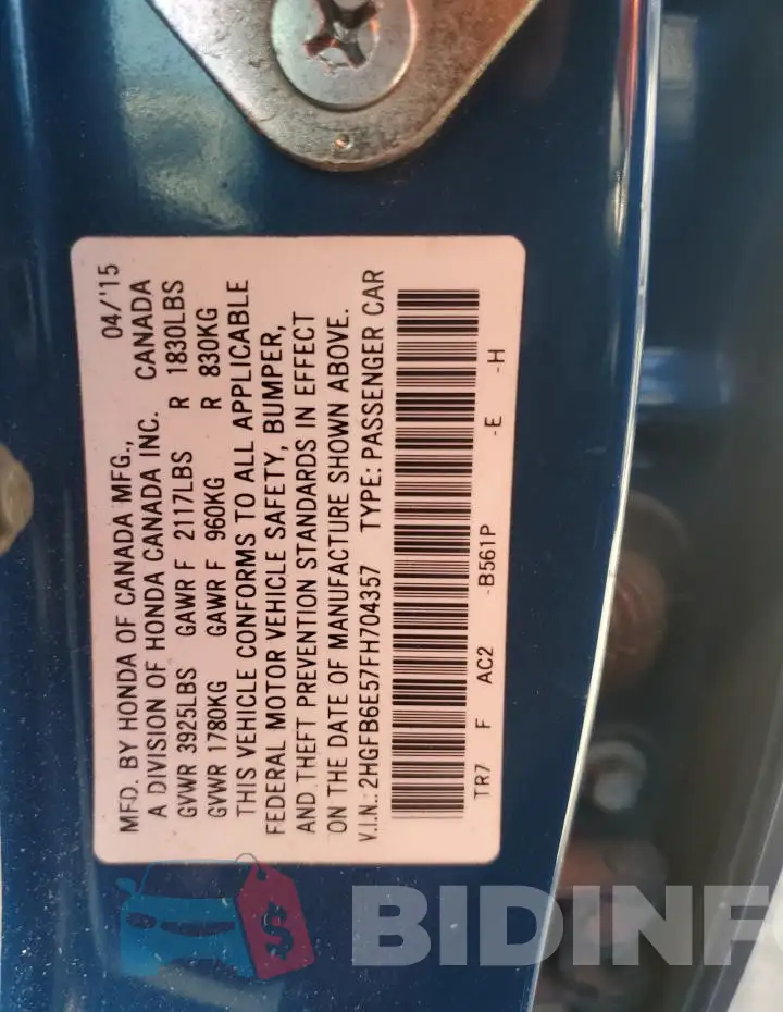 2HGFB6E57FH704357 Photo# 12