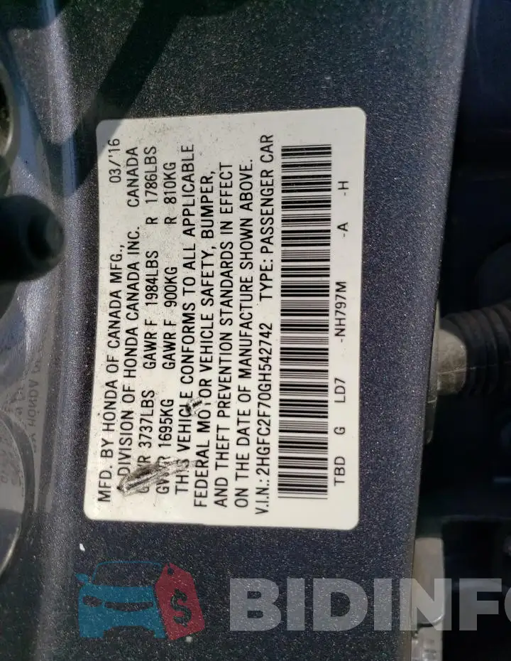 2HGFC2F70GH542742 Photo# 12