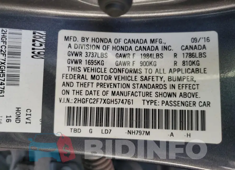 2HGFC2F7XGH574761 Photo# 12
