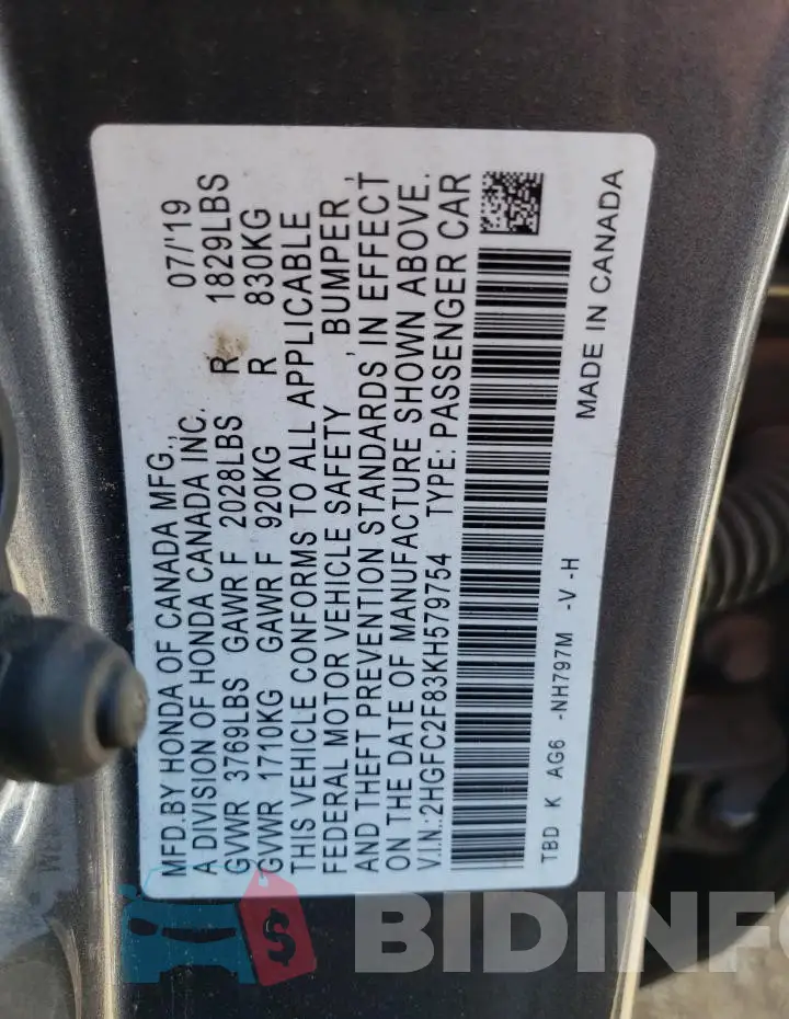 2HGFC2F83KH579754 Photo# 12
