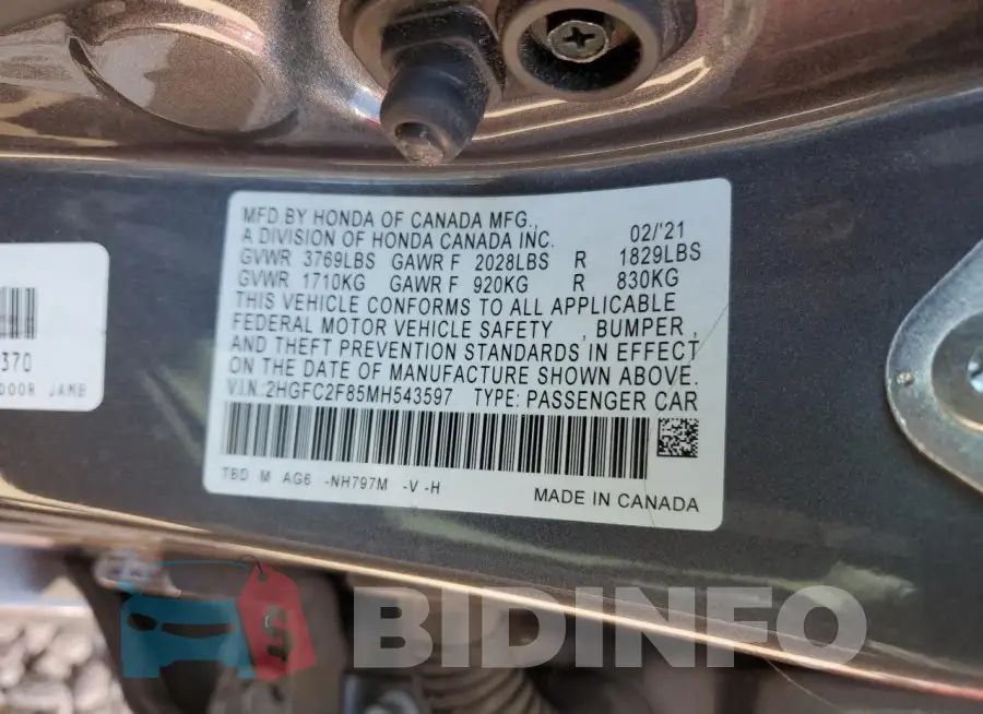 2HGFC2F85MH543597 Photo# 12