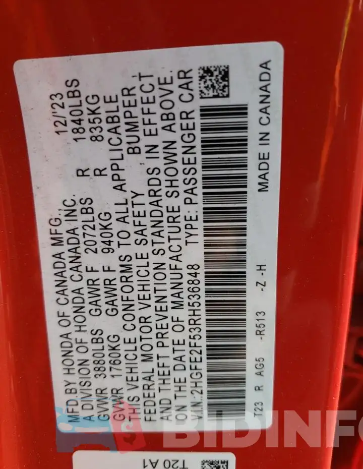 2HGFE2F53RH536848 Photo# 13