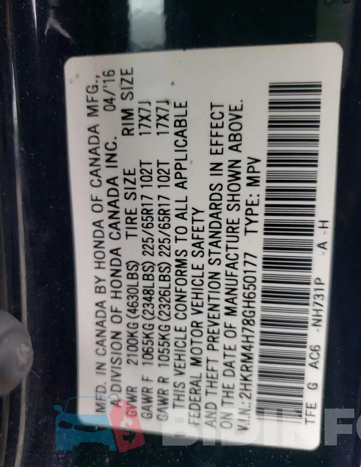 2HKRM4H78GH650177 Photo# 13