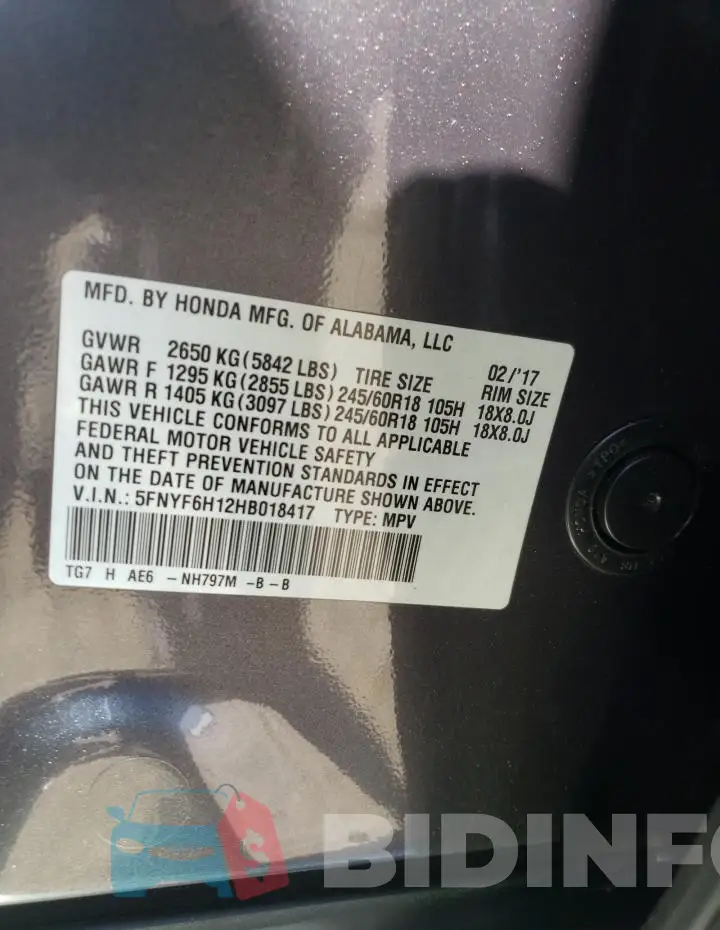 5FNYF6H12HB018417 Photo# 12