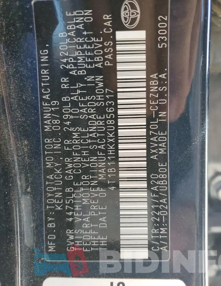 4T1B11HKXKU856317 Photo# 12
