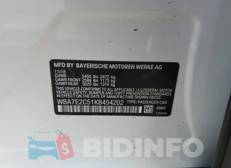 WBA7E2C51KB454202 Photo# 12