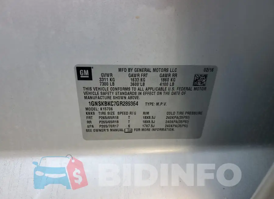 1GNSKBKC7GR289364 Photo# 13