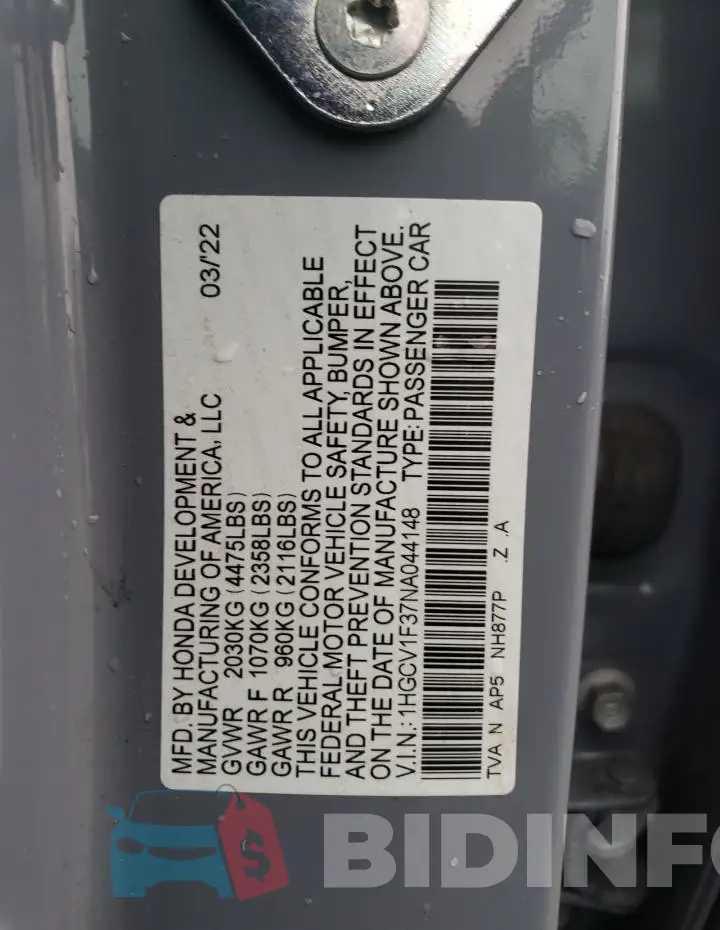 1HGCV1F37NA044148 Photo# 12