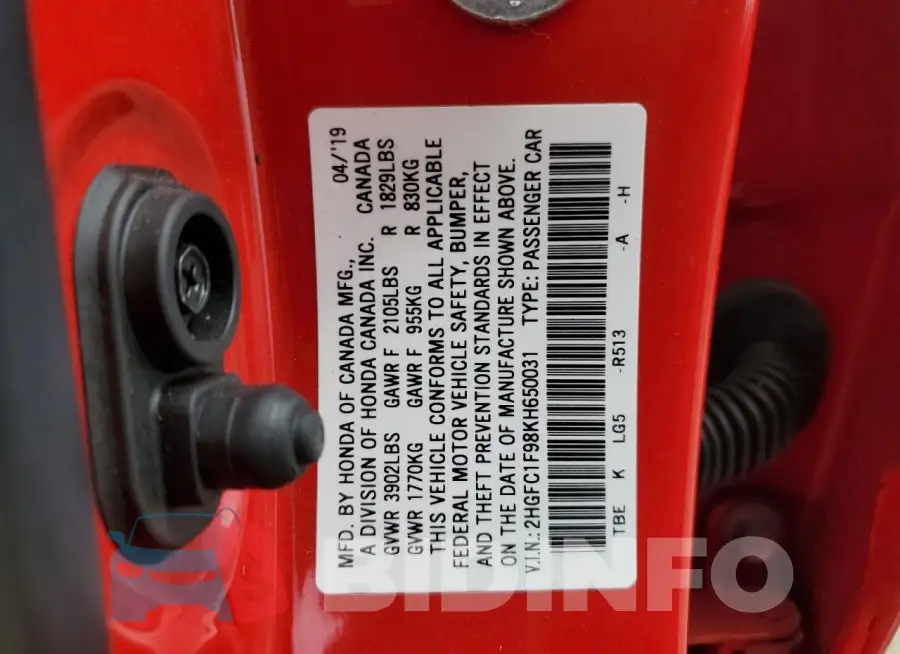 2HGFC1F98KH650031 Photo# 12