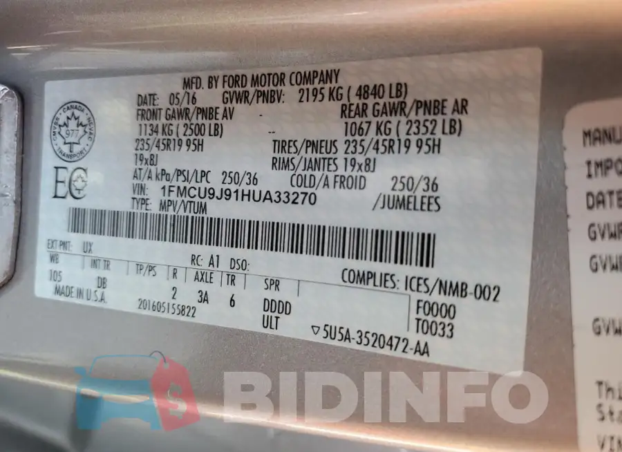 1FMCU9J91HUA33270 Photo# 12