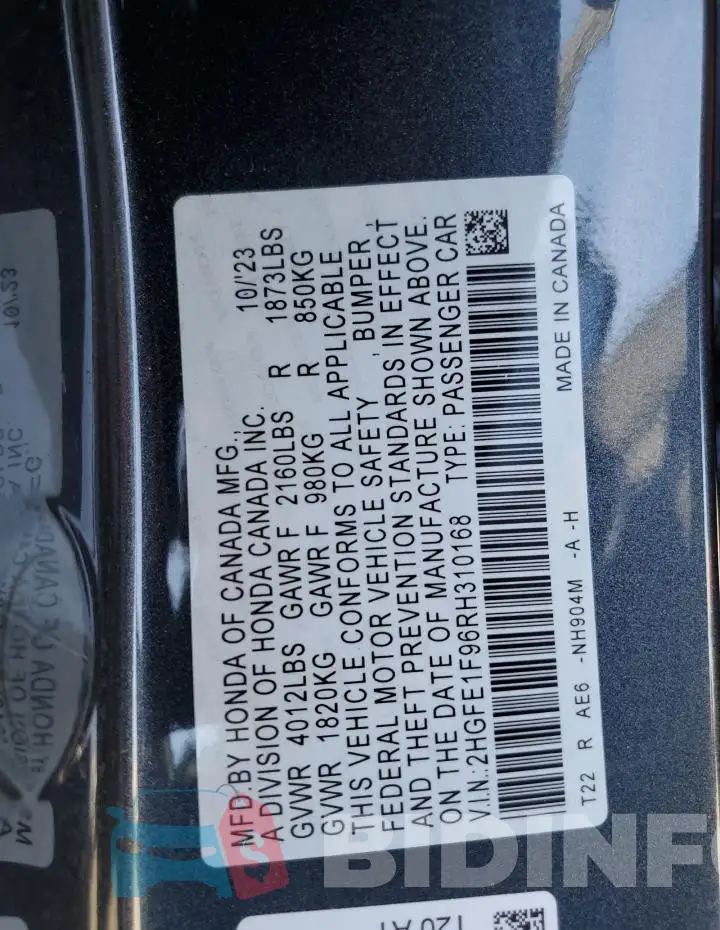 2HGFE1F96RH310168 Photo# 13