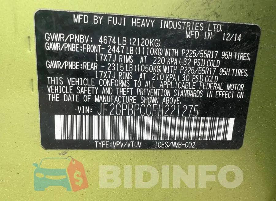 JF2GPBPC0FH221275 Photo# 10