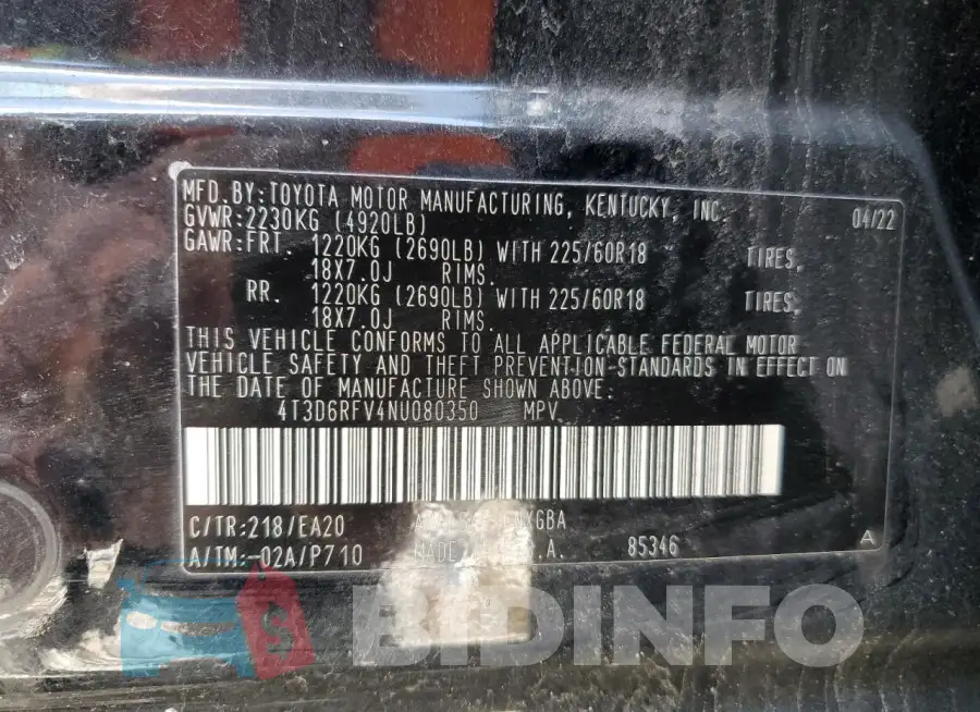4T3D6RFV4NU080350 Photo# 13