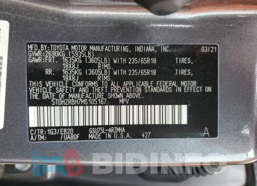 5TDHZRBH7MS105167 Photo# 14