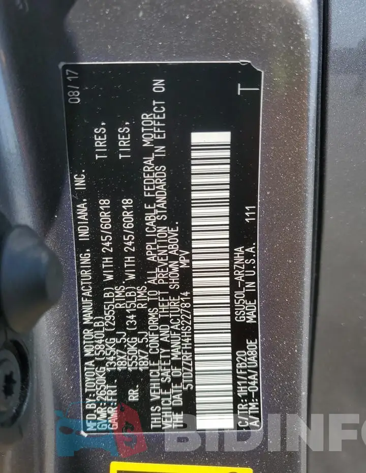 5TDZZRFH4HS227814 Photo# 13