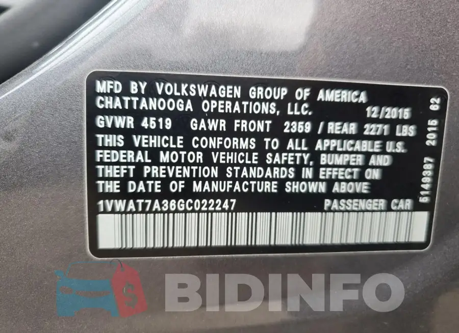 1VWAT7A36GC022247 Photo# 12