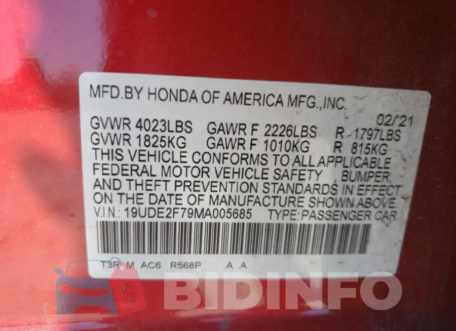 19UDE2F79MA005685 Photo# 12