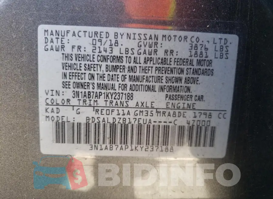 3N1AB7AP1KY237188 Photo# 12