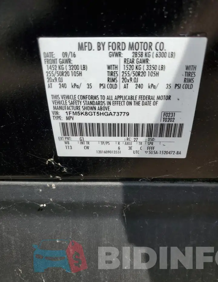 1FM5K8GT5HGA73779 Photo# 13