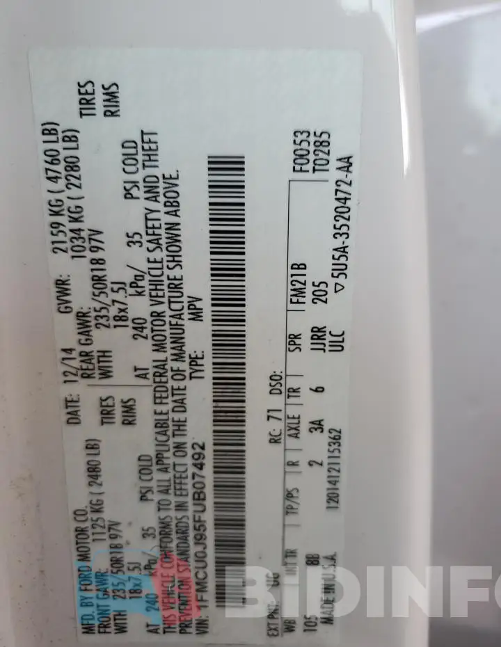 1FMCU0J95FUB07492 Photo# 12