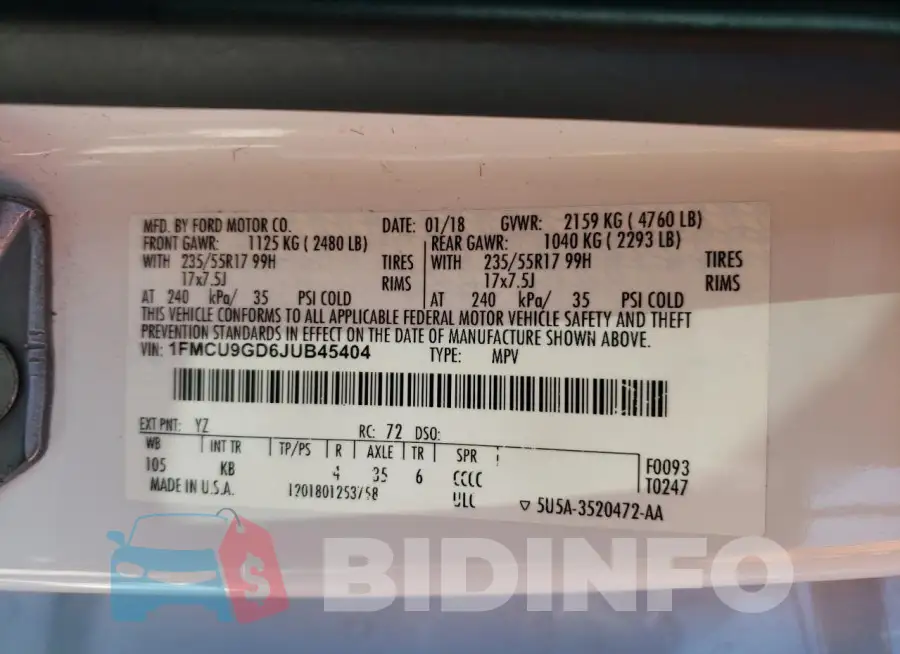 1FMCU9GD6JUB45404 Photo# 12