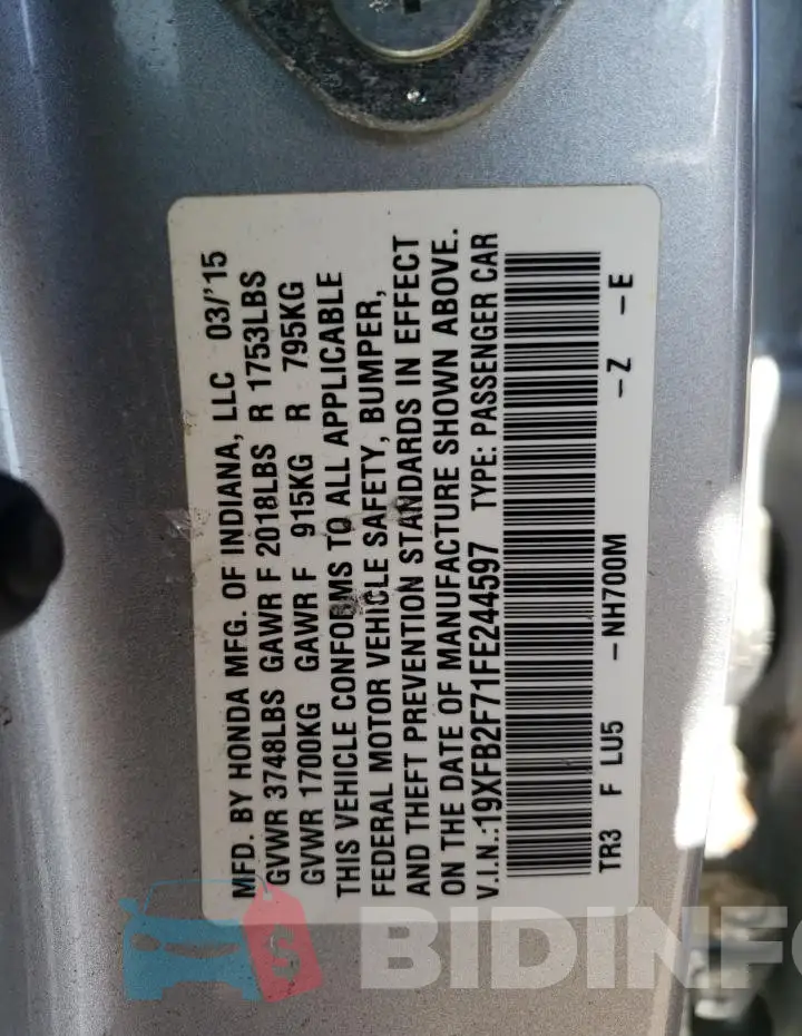 19XFB2F71FE244597 Photo# 12