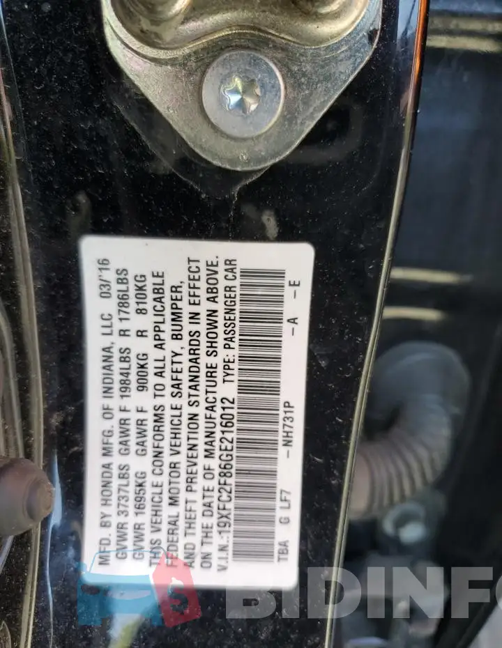 19XFC2F86GE216012 Photo# 13