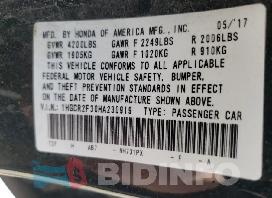 1HGCR2F30HA230919 Photo# 12